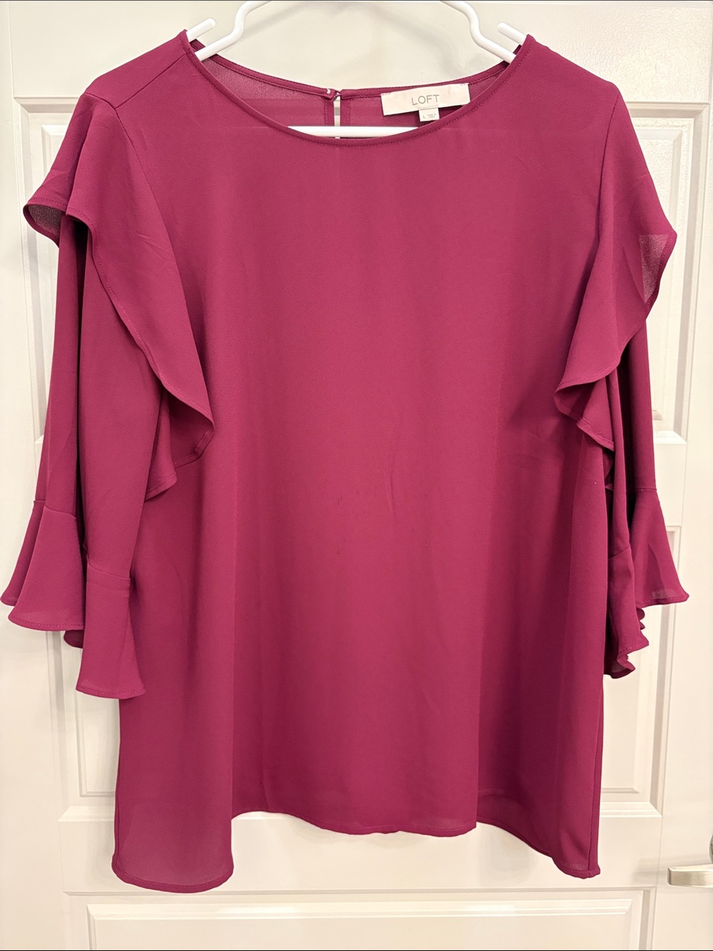 LOFT Magenta 3/4 Ruffle Sleeve Blouse, Size L